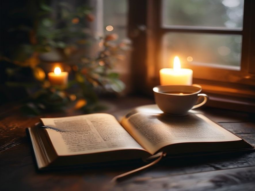 Personal journal and tea cup on a wooden desk